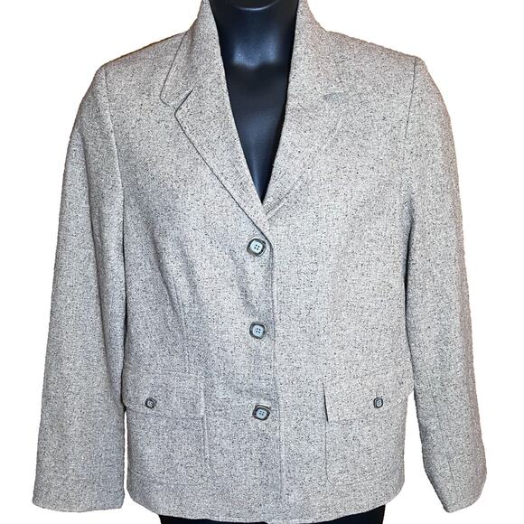 LL Bean Blazer 3 Button Jacket Women's Large Wool Lined Silk Blend Herringbone - Picture 1 of 16